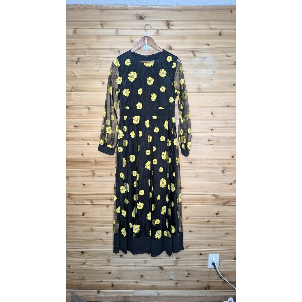 ModCloth Be My Guest Maxi Tulle Dress Black Yellow Daisy Long Sleeve Floral L